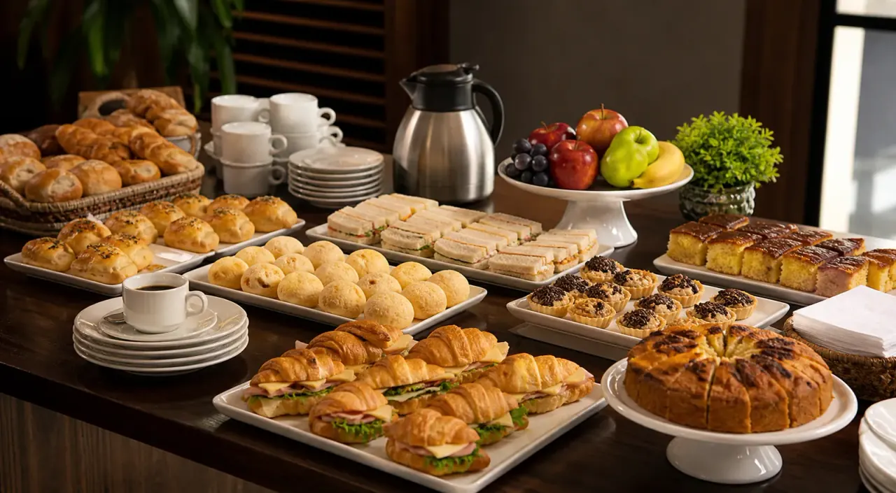 Mesa de coffee break corporativo com café, pães, mini sanduíches, frutas, bolos e doces