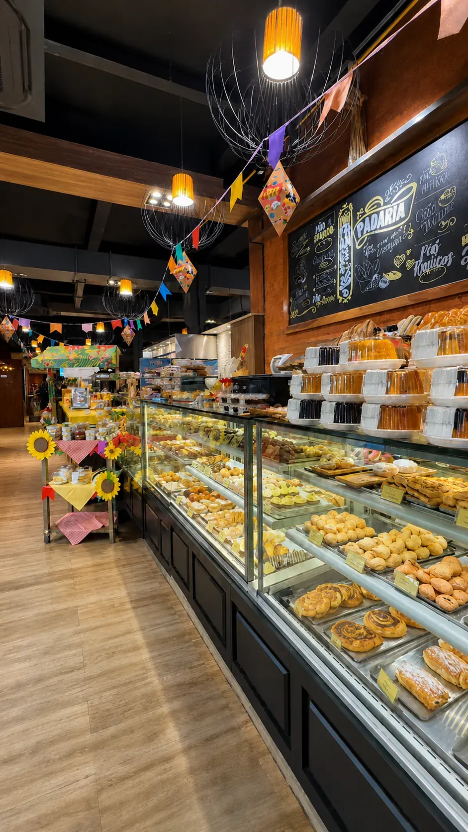 Interior da Padaria Santa Efigênia com vitrines abastecidas e variedade de produtos