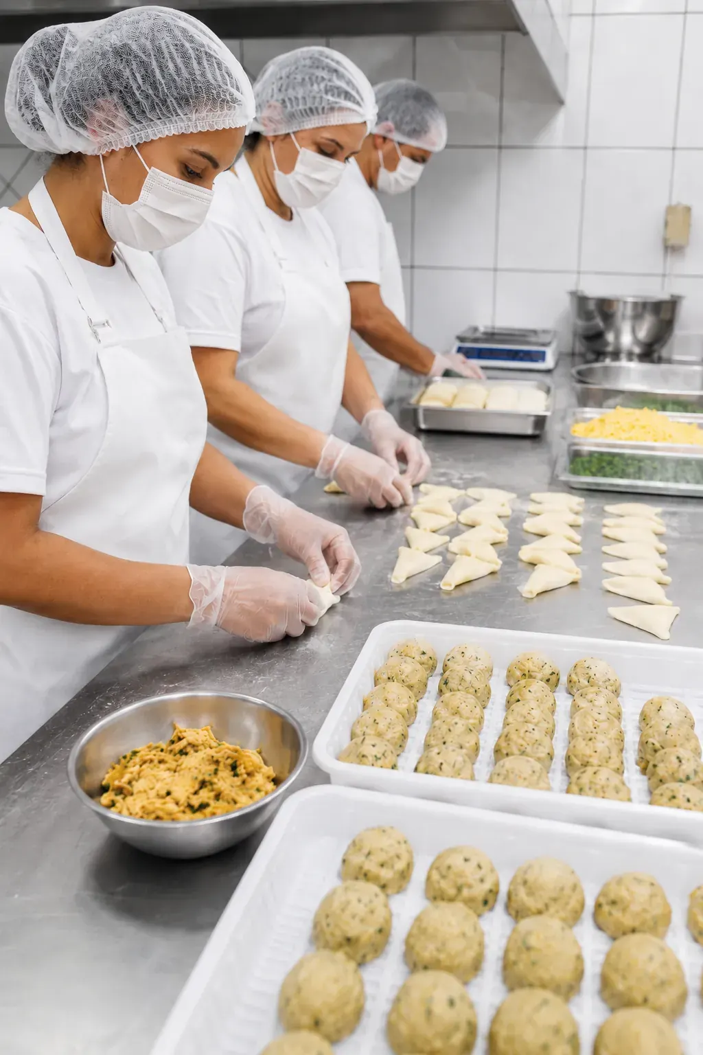 Equipe com uniformes e equipamentos de proteção produzindo alimentos