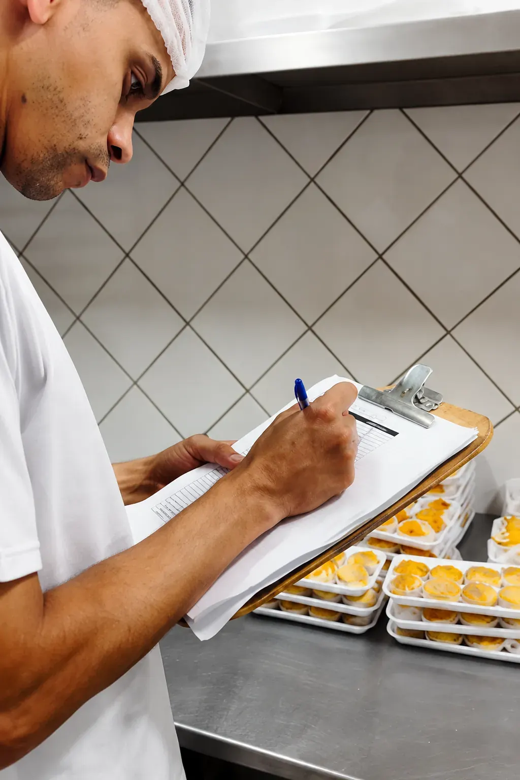 Profissional conferindo itens de pedidos em planilha