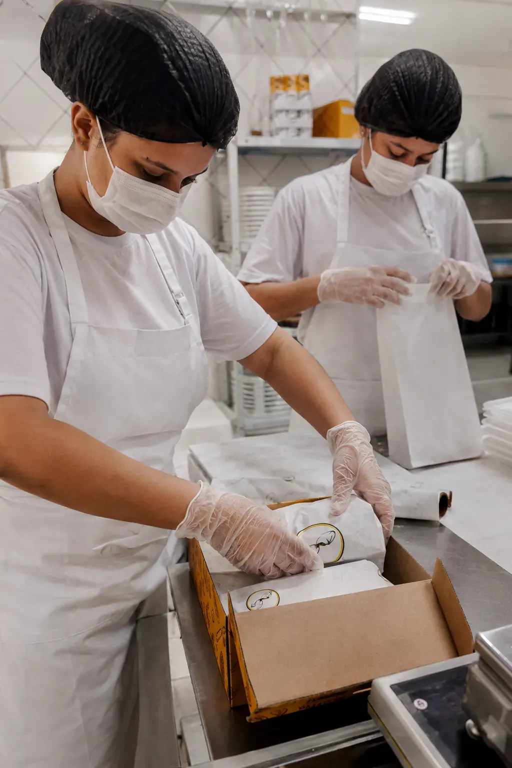 Equipe embalando produtos individualmente em cozinha profissional
